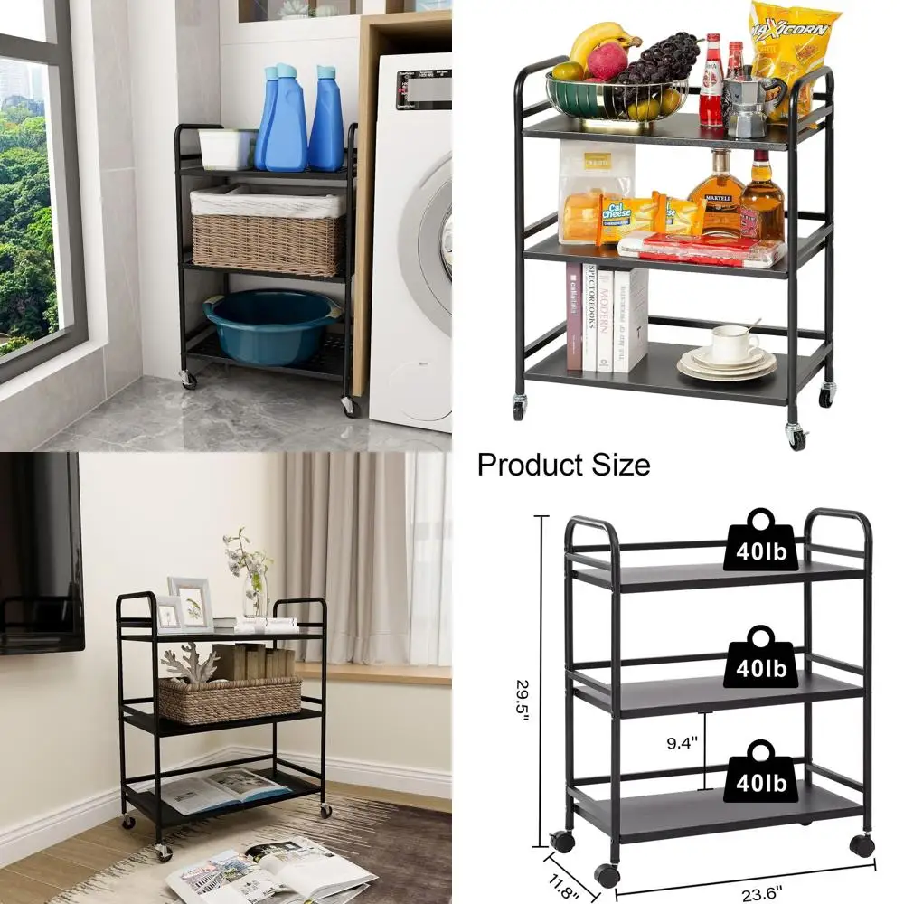 

Трехуровневая тележка на колесах с блокируемыми колесами: прочные, устойчивые полки для кухни и домашнего хранения - 23.6 x 11.8 x 29.5 (черная)