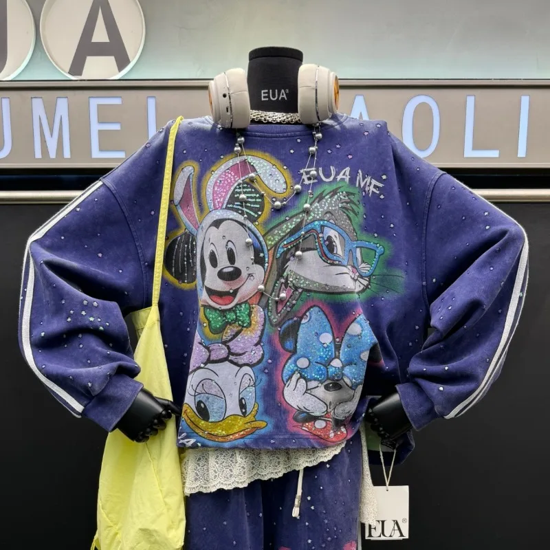 2025 Autumn New Heavy Sequin Cartoon Sweatshirt Coat For Women's Fashion Loose Design Pullover Hoodies Jacket Outerwear Ladies