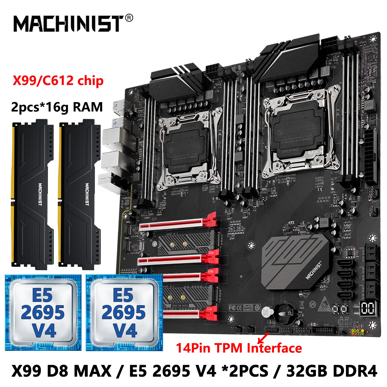 

Материнская плата MACHINIST X99 D8 MAX с двумя процессорами, опционально с двумя процессорами Xeon E5 2695 V4 LGA 2011-3 и оперативной памятью DDR4 32 ГБ (4*8 ГБ), TPM2.0