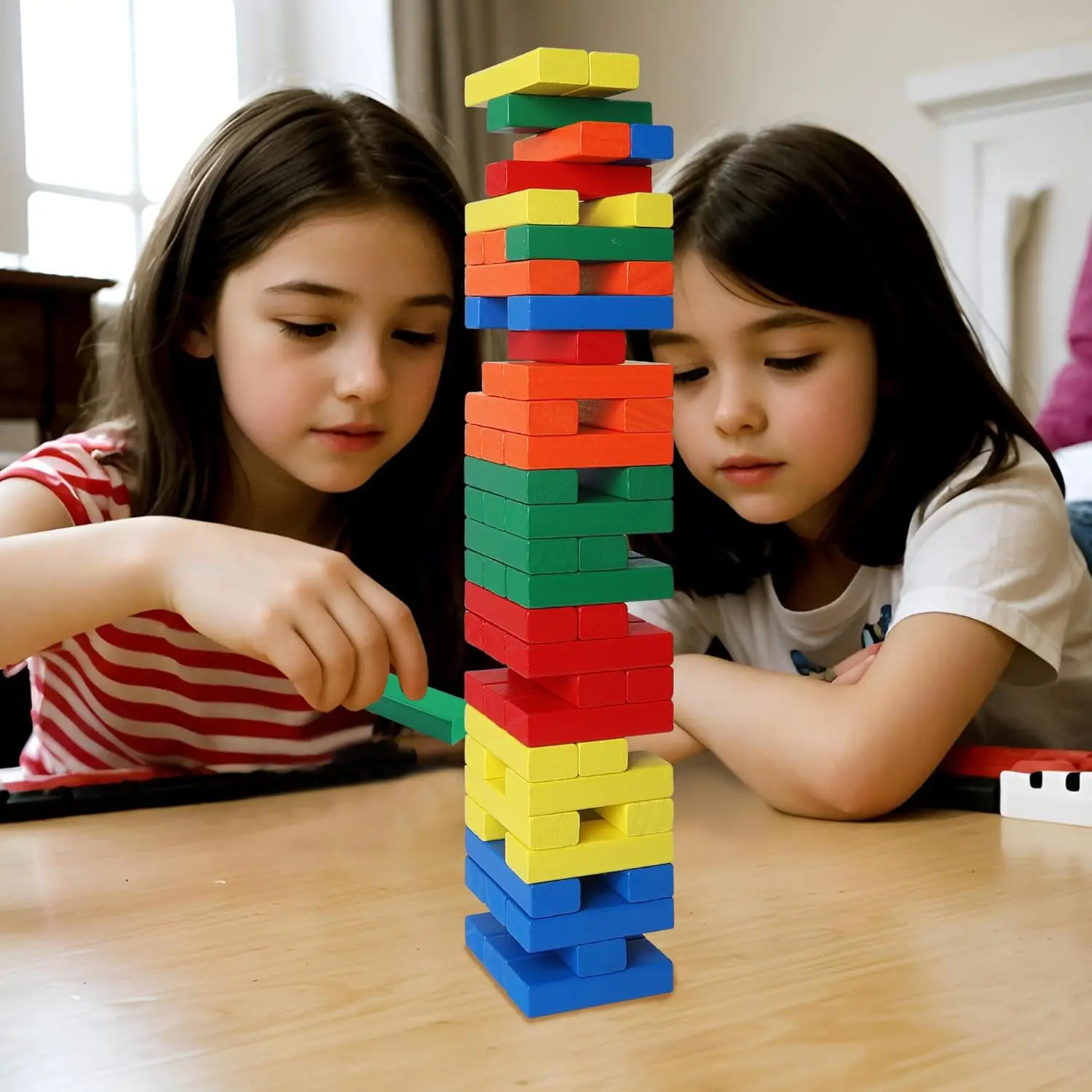 Tumble Tower Game for Kids and Adults, 60pcs Wooden Stacking Board Games Building Blocks for Kids and Family Games Night, Colorf