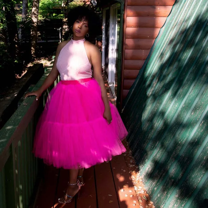 Trendy 2022 Bright Hot Pink Mid Calf Tulle Skirts Women Yong Girls Tulle Skirt To Party Elastic Female Bottom Summer