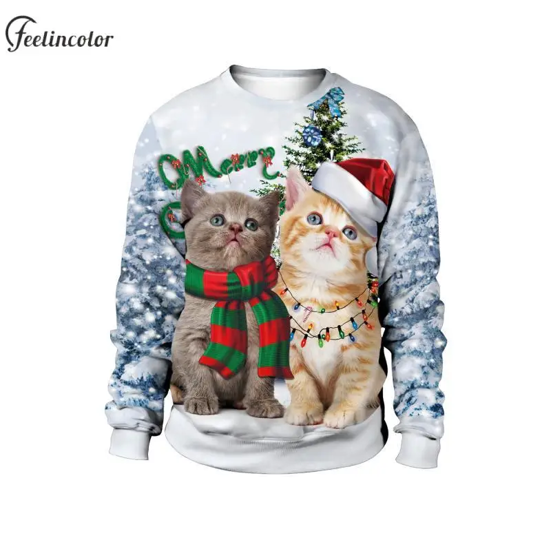 Cute Cat Print Couple Sweatshirts Kitten for Christmas Graphic Pullover Autumn Winter Hoodie Holiday Male Clothes New Year Gifts