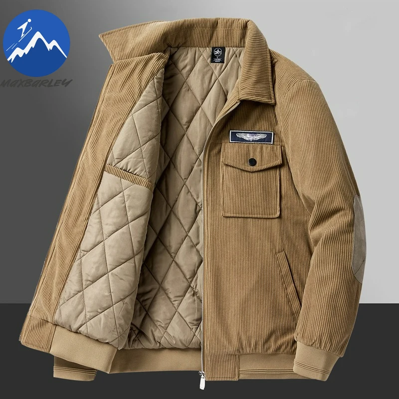 Maxbarley Men Corduroy Padded Jacket Casual Business Thickened Parka High Quality Turndown Collar Travel Windproof Winter Jacket