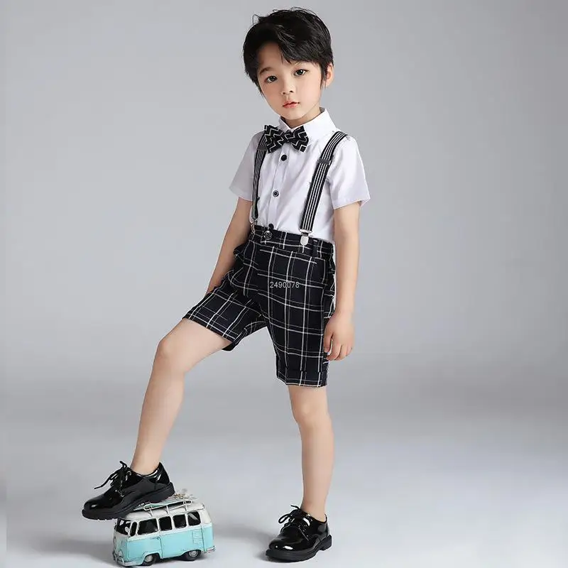 

School Boys Shirt Suspender Shorts Bowtie 4PCS Photograph Set Kids Birthday Baptism Wedding Suit Children Graduation Costume