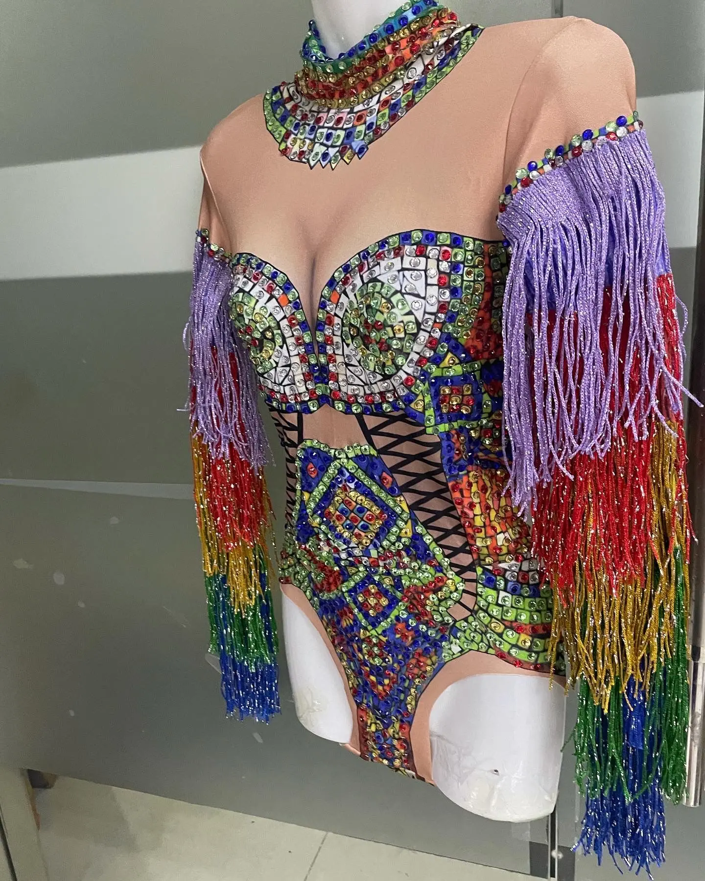 

Colorful Rhinestones Bodysuit Stage Dance Costume Nightclub Dance Female Singer Show Bright Leotard