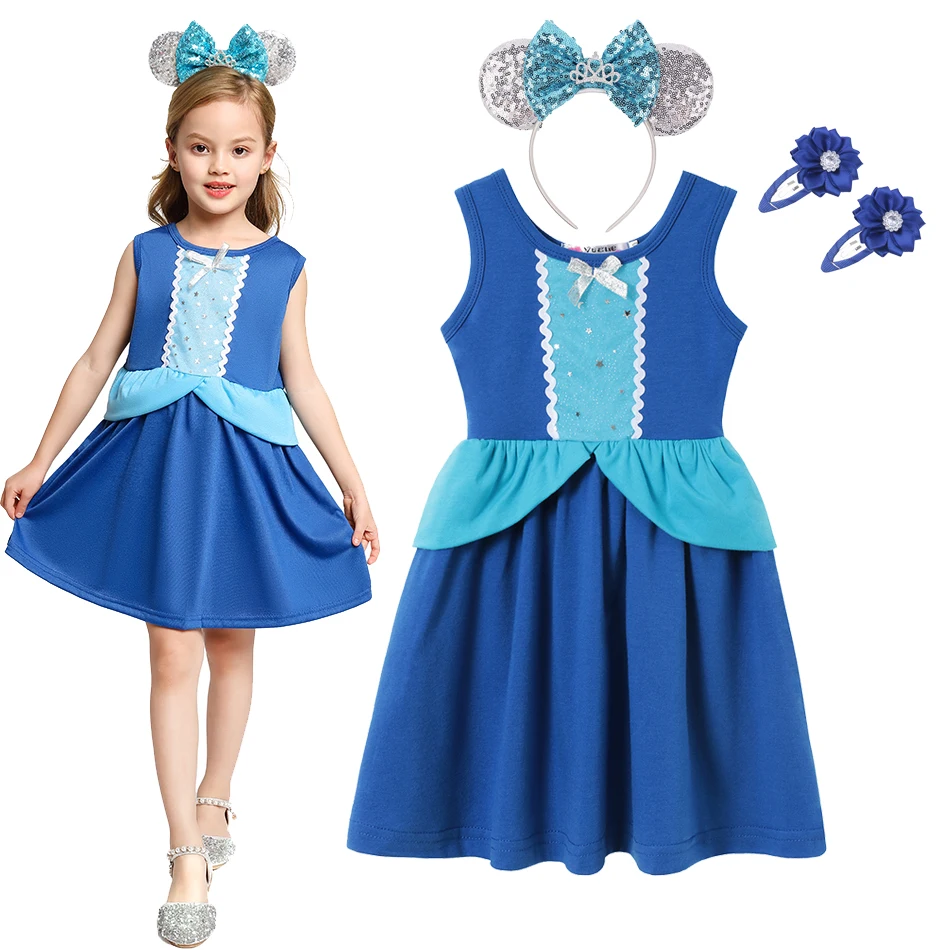 Disney Girls Princess Dress Mickey Mouse Frozen Elsa Clothes Kids Cotton Carnival Birthday Moana Children Costume For 1-7 Years