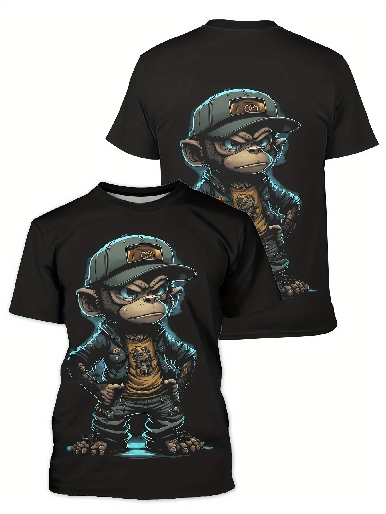 Men's Cartoon Monkey Print T-shirt, Casual Short Sleeve Crew Neck Tee, Men's Clothing For Outdoor