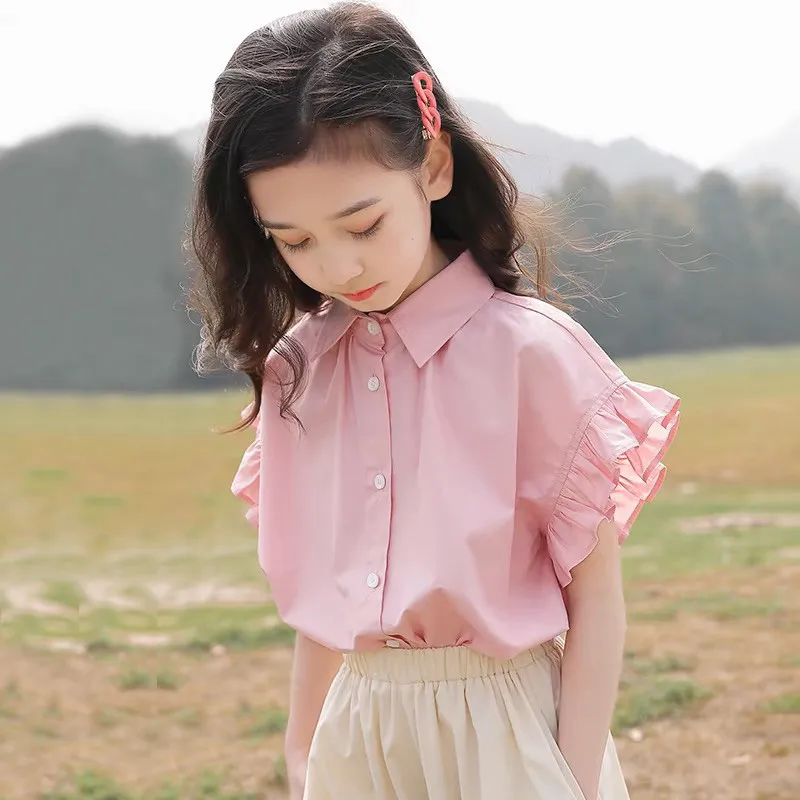 

Girls' Shirt Summer 2025 New Fashionable Children's Short Sleeve Top Small Flyover Sleeve Shirt 120-170cm