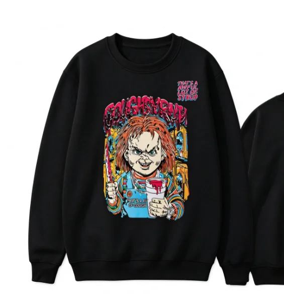 2026 Retro Color Poster Cartoon Doll Character Graphic Print Crewneck Sweatshirt Unisex Horror Style Long Sleeve Pullover Top