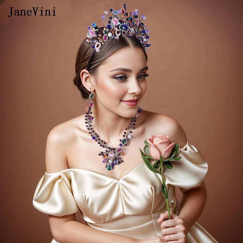 JaneVini Colorful Baroque Crystal Bridal Headband Wedding Crowns 3 Pieces Hair Accessories Luxury Bride Tiaras Pageant Headwear