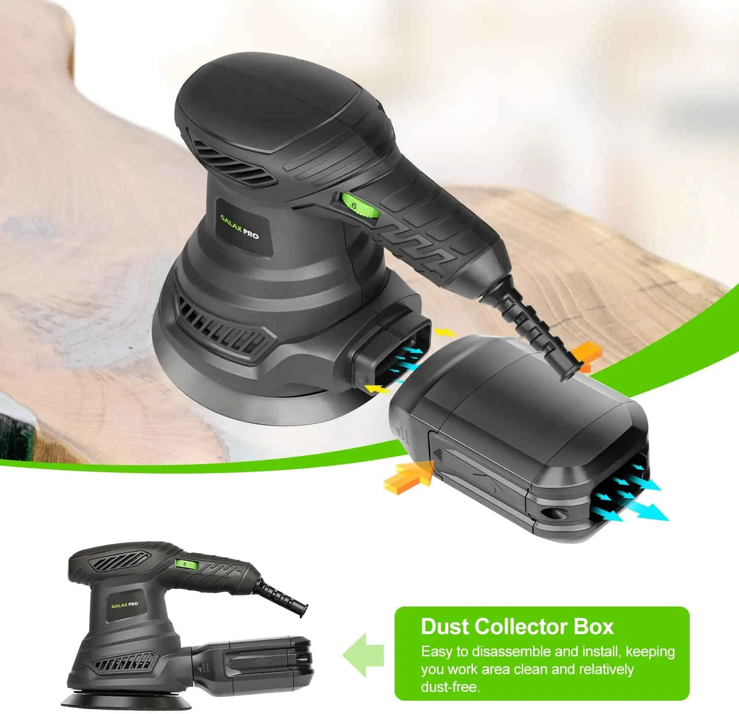 GALAX PRO 2.5A 13000RPM Rotary Electric Orbital Sander with 6 Various Speed 300W,4.9-Inch with 20PCS Sandpapers,1 Dust canister,Fit for Woodworking, Sanding, Polishing