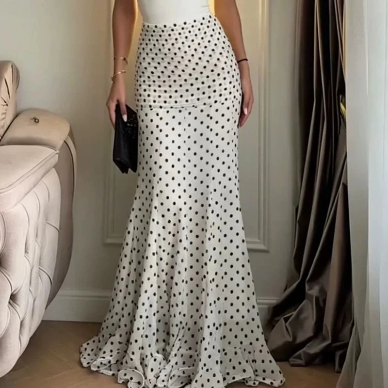 Female Autumn Swing Party Skirts New Casual High Waisted Pleated Slim Fit Long Skirt Chic Polka Dot Print Commuting Half Skirt