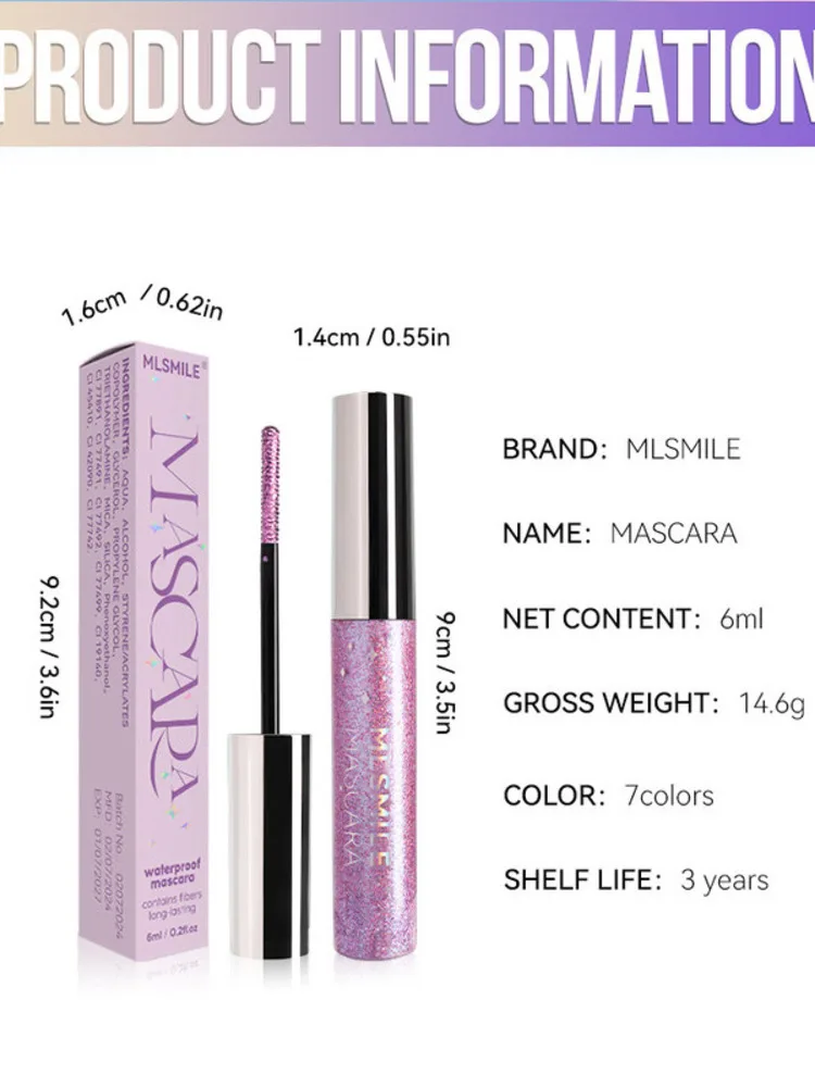 MLSMILE 7 colori Mascara perlescente Fine Flash Impermeabile senza sbavature Natale Cos Spazzola per ciglia a spirale Nuovo