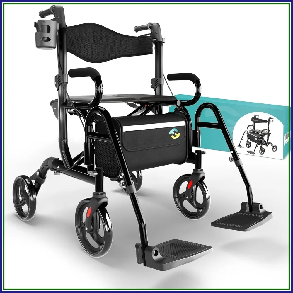 2-in-1 Walker Wheelchair Combo - Foldable Aluminum Rollator with Footrests, 300 lbs Capacity