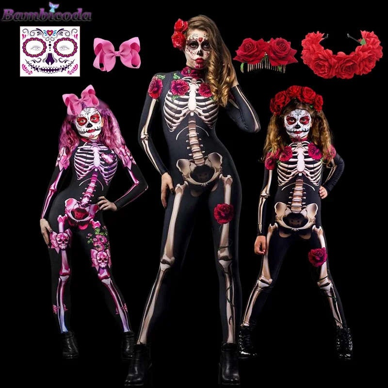 Volwassen Sexy Vrouwen Eng Ghost Kostuum Rose Skelet Halloween Sexy Duivel Jumpsuit Kids Baby Girl Carnaval Party Day Of The Dead