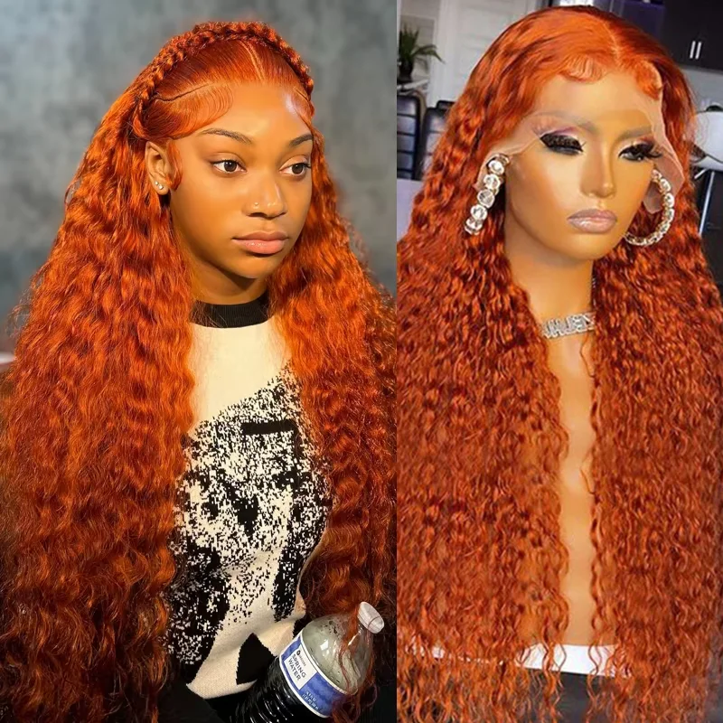 

30 Inch Water Deep Wave Orange Ginger Human Hair Wig 100% 13x6 HD Lace Frontal Wigs Colored Curly Wigs For Black Women Brazilian