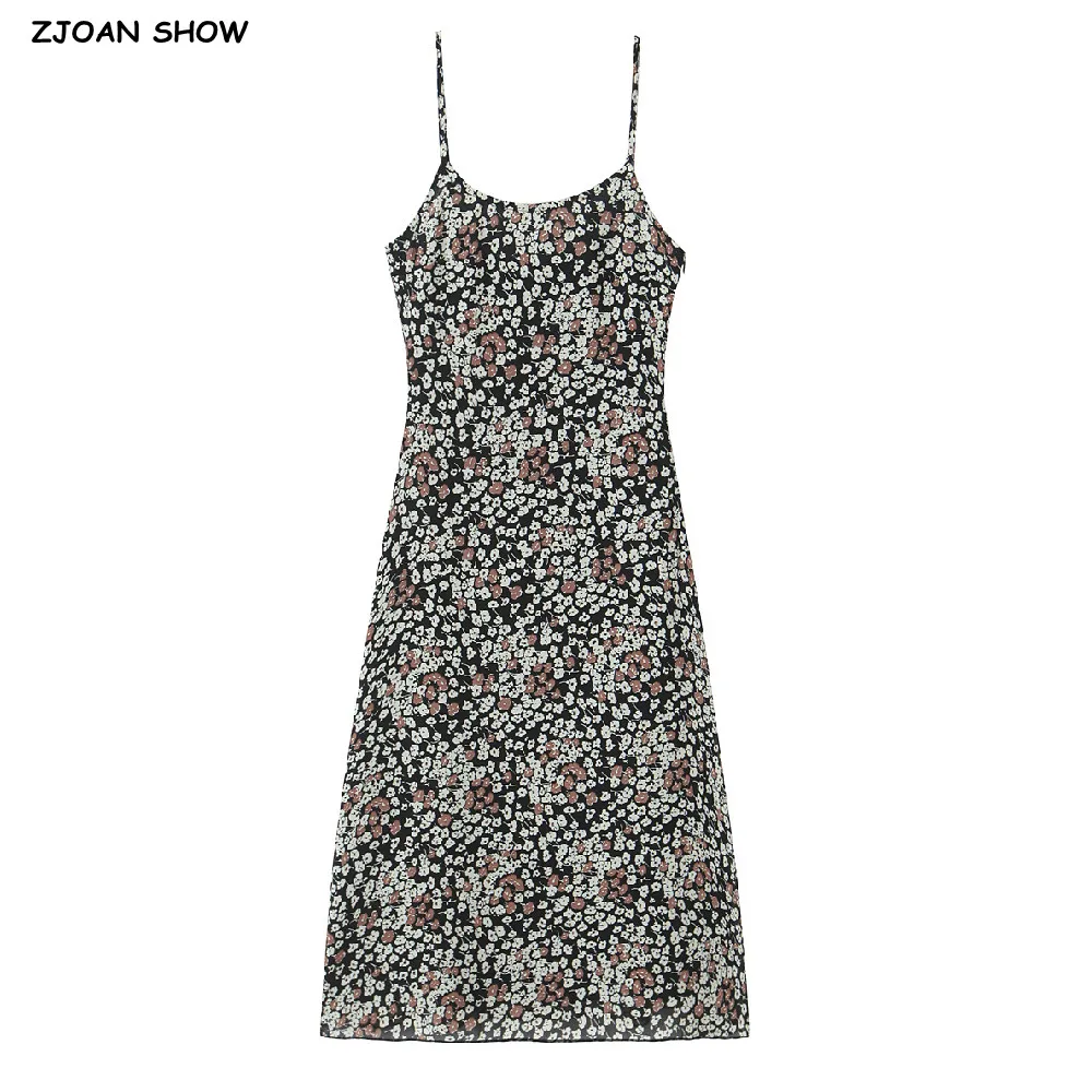 

2025 French Style Retro Black With Small Floral Print Sling Dress Women O neck Midi Long Dresses Summer Robe Femme Vestidos