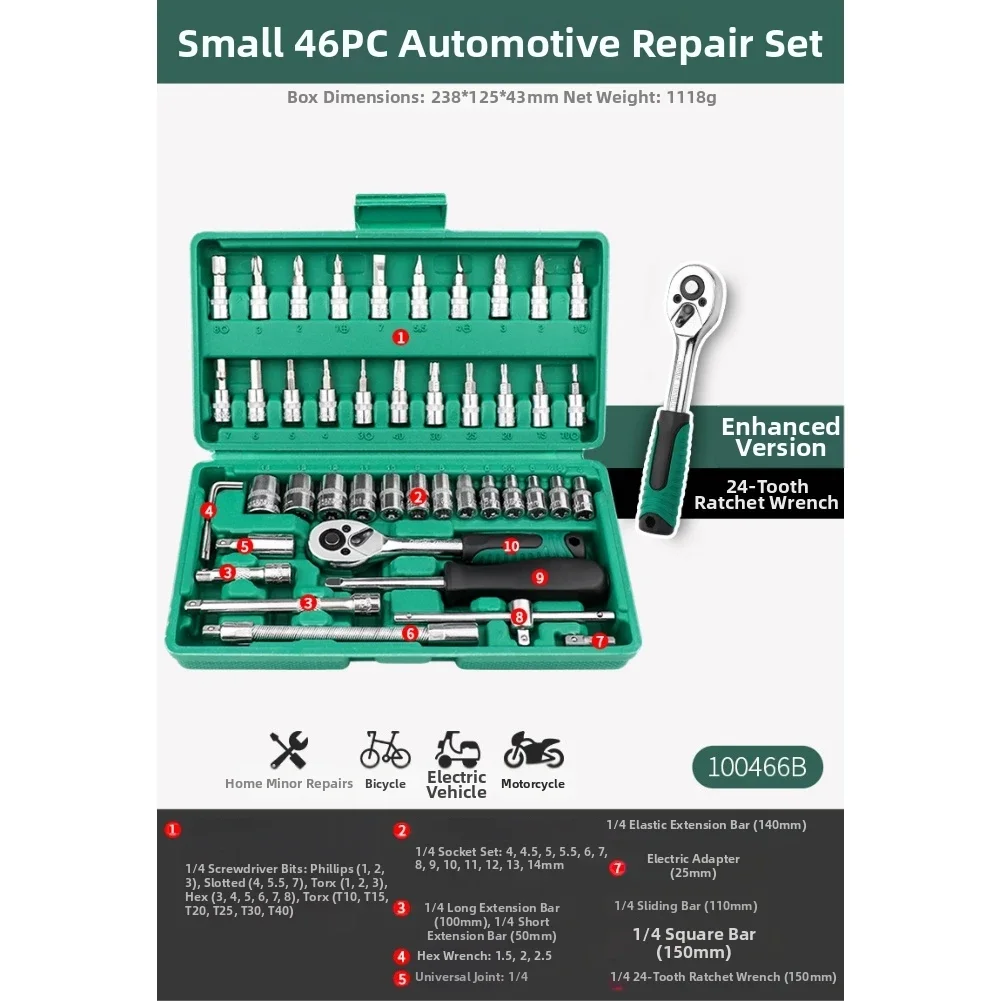 ヘビーデューティー46ピースラチェットレンチセット14インチソケットツールキット、車、トラックの修理、一般家庭のメンテナンス作業用