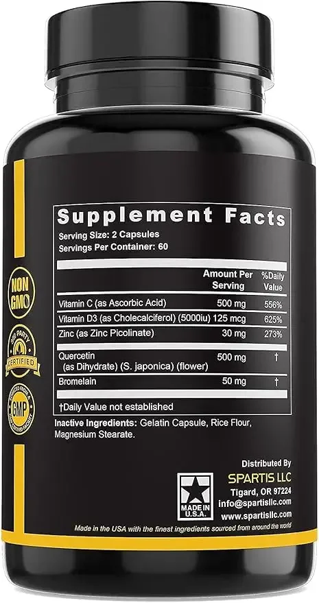 Zinc Quercetin 500mg, Vitamin C, Vitamin D3, Bromelain Immune Support, Efficient Quercetin Zinc Supplement