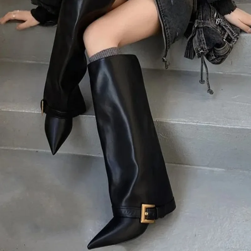 Women's Knee-high Boots Classic Black Pointed Leather Boots Designer Women Trouser Booties Temperament Fashion Boots Botas Mujer