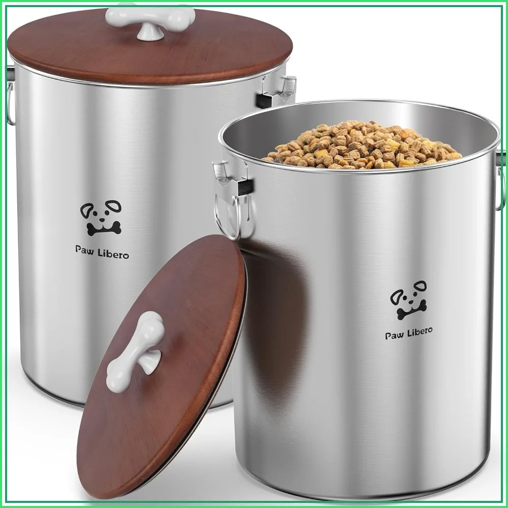 2PK Stainless Steel Dog Food Storage Container, 25 Lbs Each (50 Lbs Total) with Airtight Wooden Lid & Ceramic Bone Handle, Large Metal Bin for Dogs & Cats