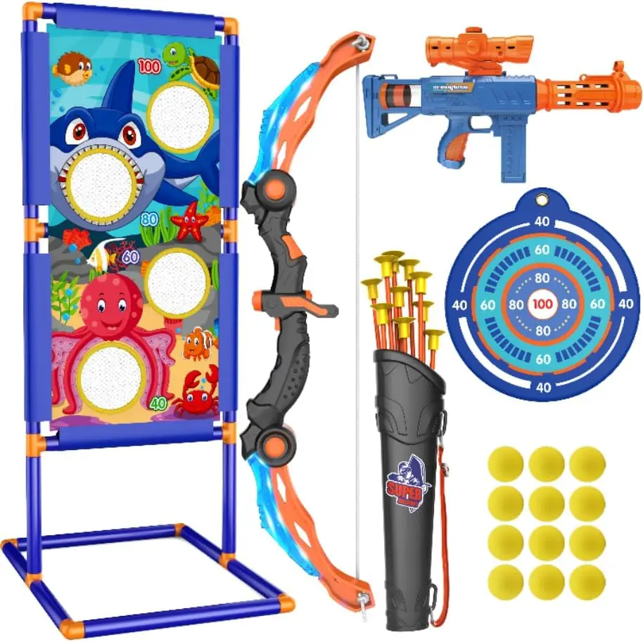 

Kids Bow and Arrow Set, 2 in 1 Shooting Game with LED Light Up Archery Toy, Foam Balls, Suction Cup Arrows,Indoor Outdoor Toys