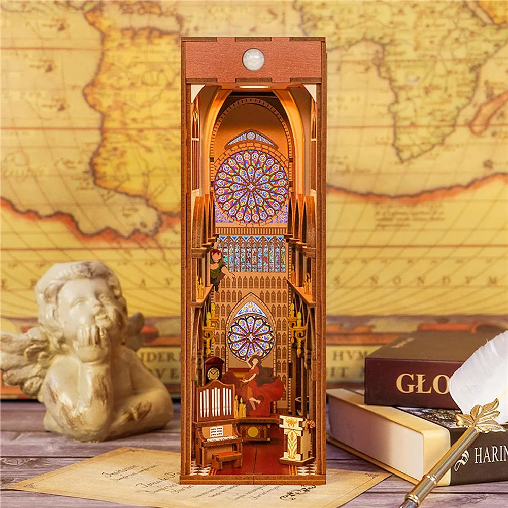 Light Up DIY Wooden Book Nook Shelf Insert Miniature 3D Puzzles Dollhouse Bookend Notre-Dame De Paris Handmade Building Booknook