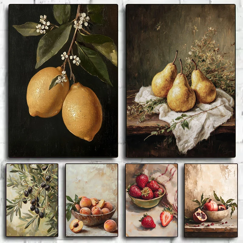Vintage Still Life Lemon Pomegranate Pears Peaches Painting for Kitchen Fruit Poster Canvas Painting Wall Art Picture Home Decor