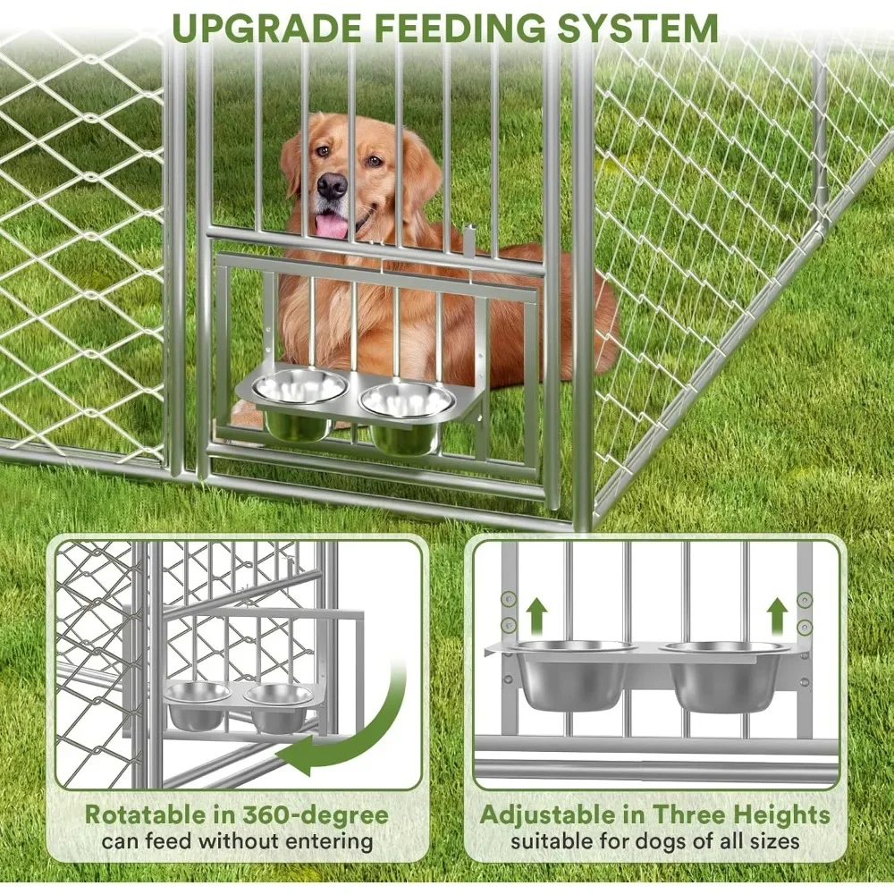 Heavy Duty Dog Kennel, Outside Dog Kennel with Roof, Large Dog Kennel Outdoor with Waterproof Tarpaulin and Rotating Feeder