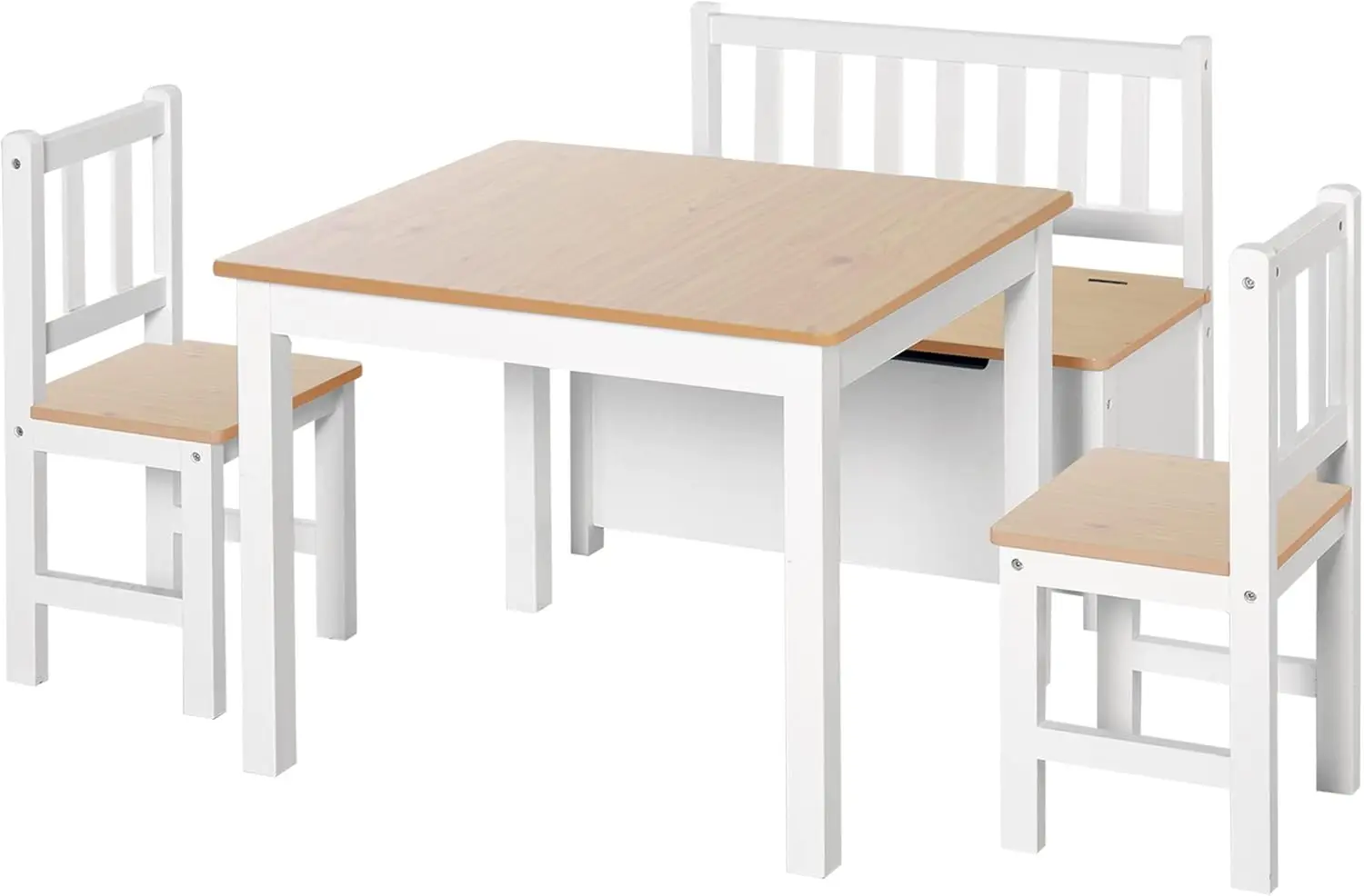 Juego de mesa para niños de 4 piezas con 2 sillas de madera, 1 banco de almacenamiento y diseño moderno interesante, natural/blanco