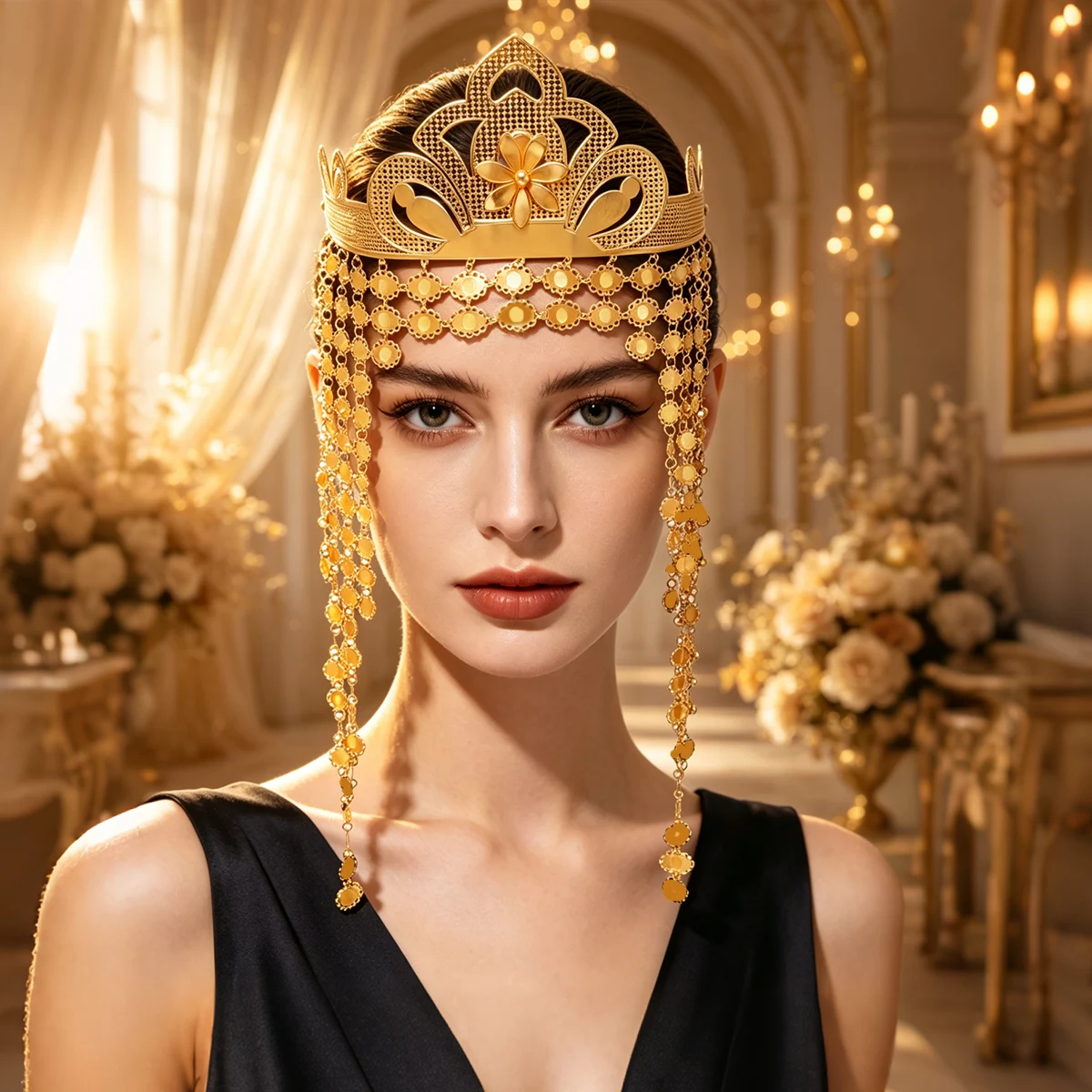 Kurdish Headband Head Jewelry Fashion Gold Plated Alloy Carved Flower Sequin Chain Tassel Crown Wedding Party Arab Accessories