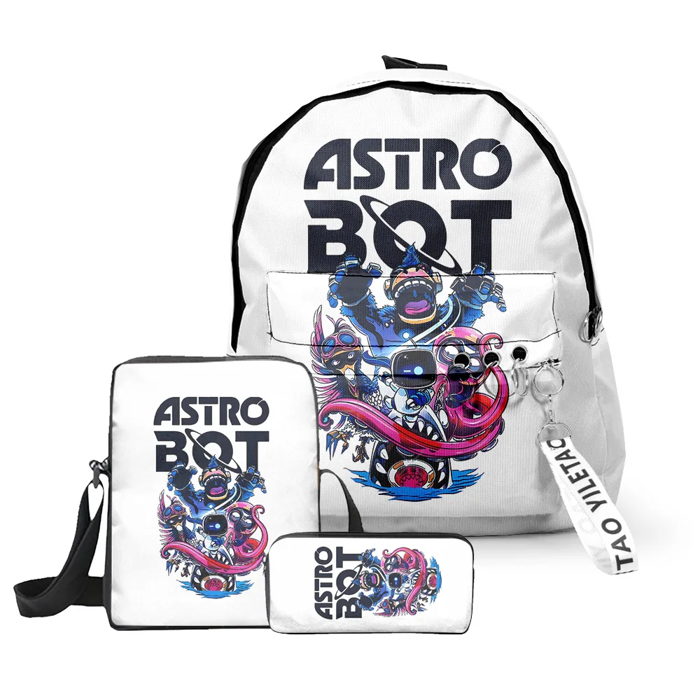 Harajuku Popular astro bot 3D Print 3pcs/Set pupil School Bags Oxford Key Chain Backpack Inclined shoulder bag Pencil Case