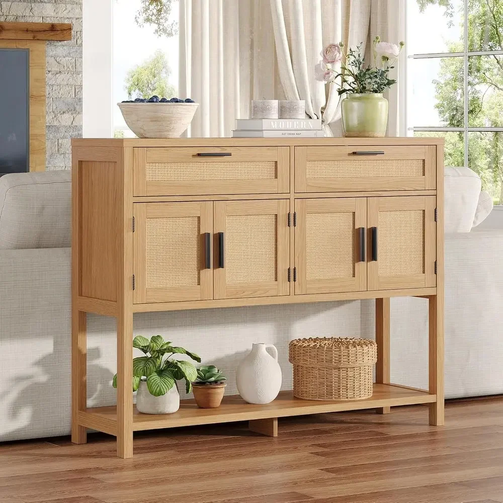 Large Storage Entryway Console Table, Rattan Cabinet Sofa Side Table, Versatile Living Room, Hallway Furniture, Natural Wood Ton view 5