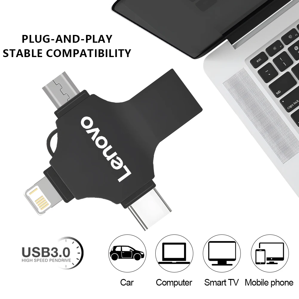 Lenovo 4 IN 1 USB Flash Drive portabel, USB 3.0 Tipe c 2TB 1TB 128GB kecepatan tinggi untuk Laptop