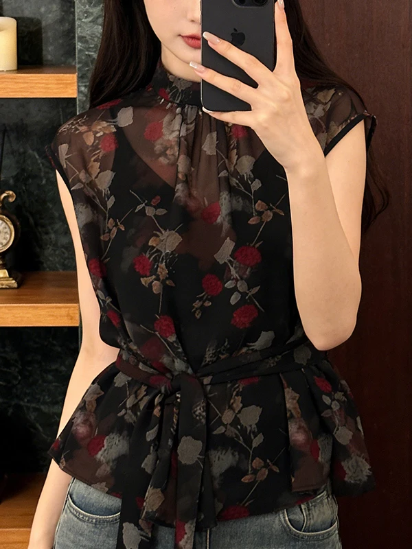 

Women's Summer New Style Slim Fit Rose Print Chiffon Shirt Belted Waist Tie Lightweight Breathable Korean Version Office Commute