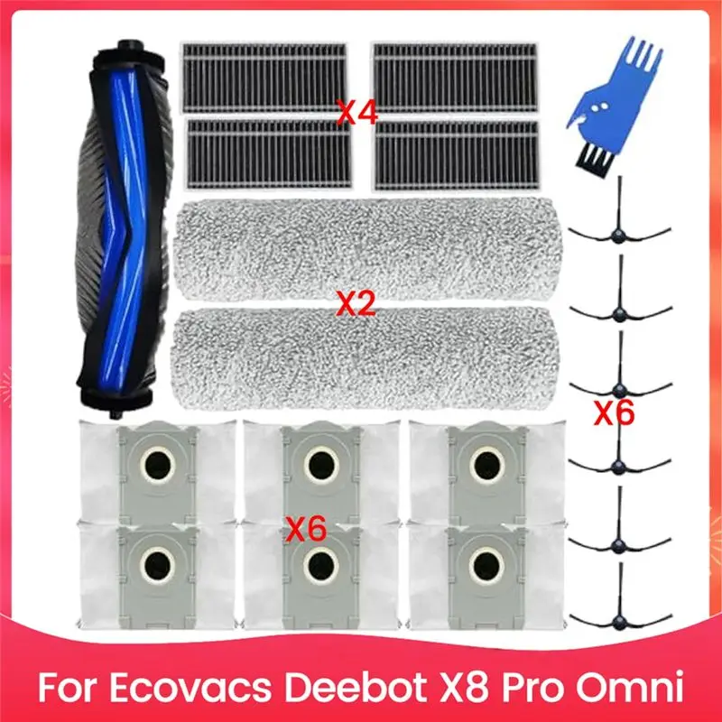 

【A16Z】Для робота-пылесоса Ecovacs Deebot X8 Pro Omni, 1 основная щетка, 2 роликовые накладки для швабры, 4 HEPA-фильтра, 6 мешков для пыли, 6 боковых щеток