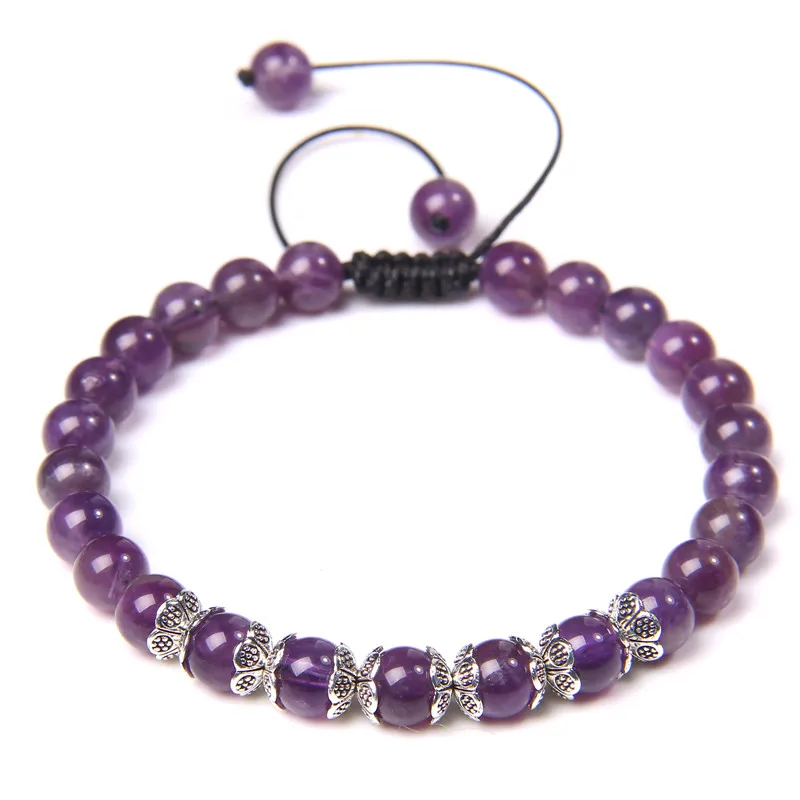 Natural Stone Beads Braided Chakra Bracelet Adjustable 6mm Purple Amethysts Beaded Bracelet for Women Men Yoga Jewelry Gift
