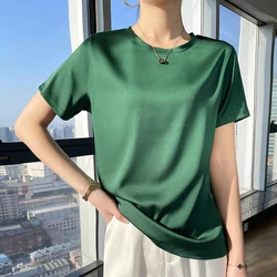 Summer New Shiny Satin Tshirt Women Harajuku T Shirt Women Sleeveless Fashion loose T-shirt Woman Tee Tops Casual Female Luxury