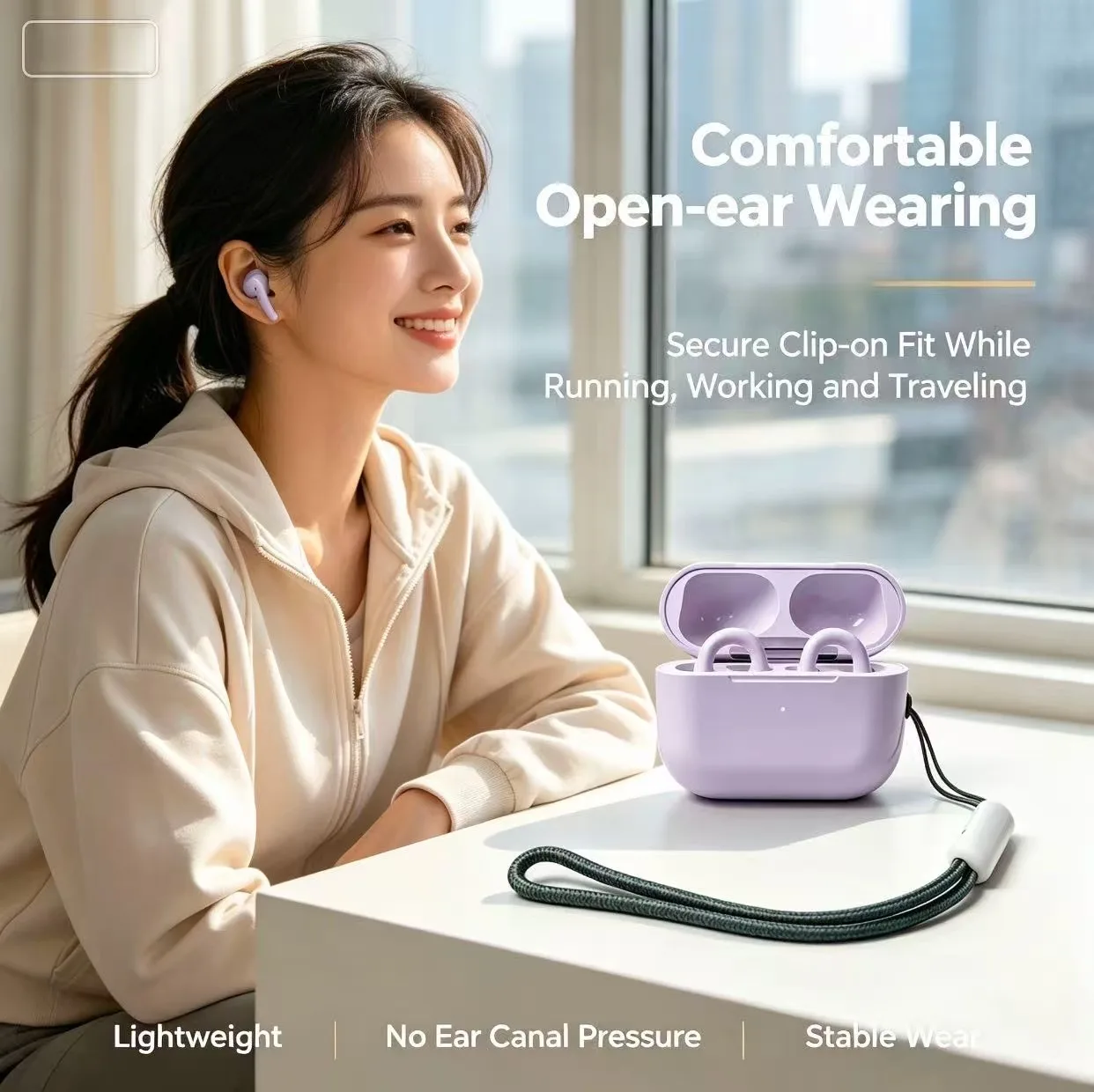 Light Purple Open Ear Wireless Bluetooth Headset Comfort Clip-on Earphones, Waterproof Sports Earbuds with Detachable Lanyard fo