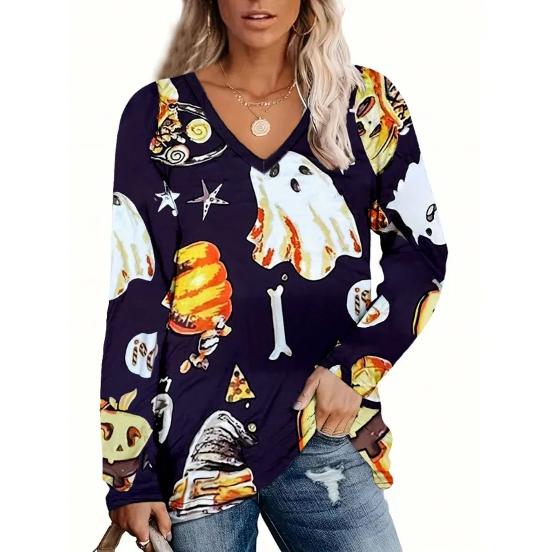 حجم كبير 1XL-5XL المرأة موضة هالوين مطبوعة الخامس الرقبة طويلة الأكمام تي شيرت السيدات عادية الخريف الشتاء ملابس المنزل بلايز