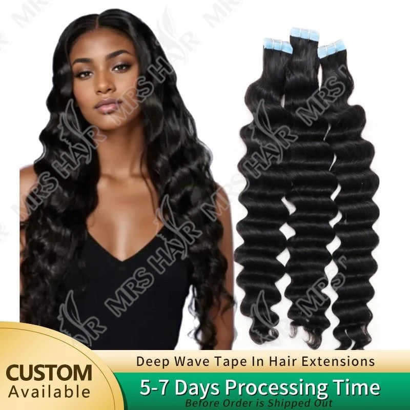 Nastro a onde profonde nelle estensioni dei capelli umani Nastro riccio profondo nelle estensioni dei capelli Trama della pelle delle ragazze nere Estensioni dei capelli naturali Remy