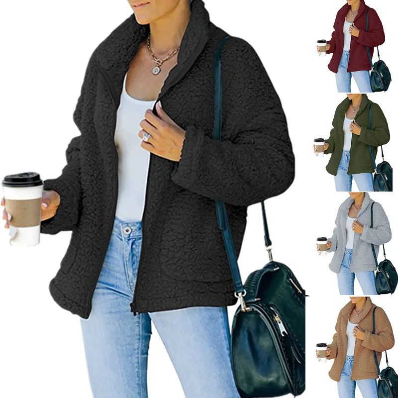 2023 Autumn and Winter Women's New Fashion Commuter Double Sided Plush Pocket Zipper Top Solid Color Comfortable Versatile Coat