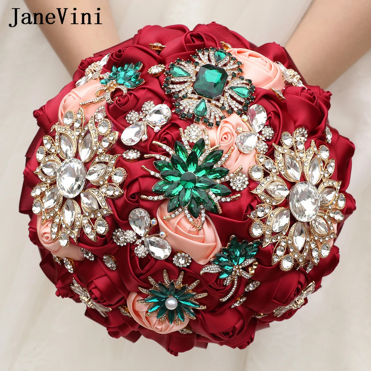 

JaneVini Christmas Atmosphere Burgundy Rose Green Jewelry Bride Flowers Bouquet Luxurious Rhinestone Crystal Wedding Bouquet