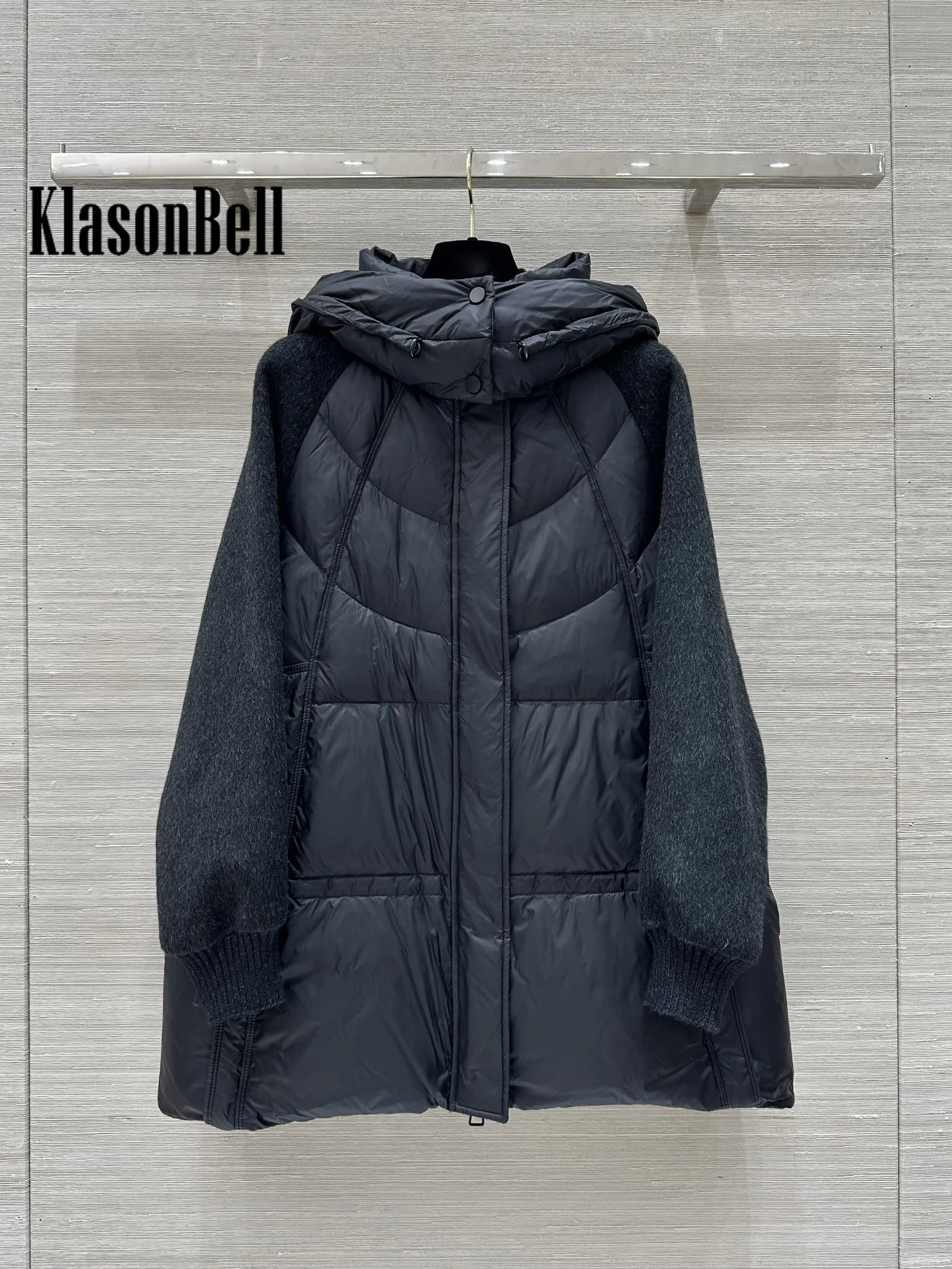 10.7 KlasonBell-Women 2024 Autumn Winter New Wool Spliced Quilted Hooded White Duck Down Loose Zipper Outerwear