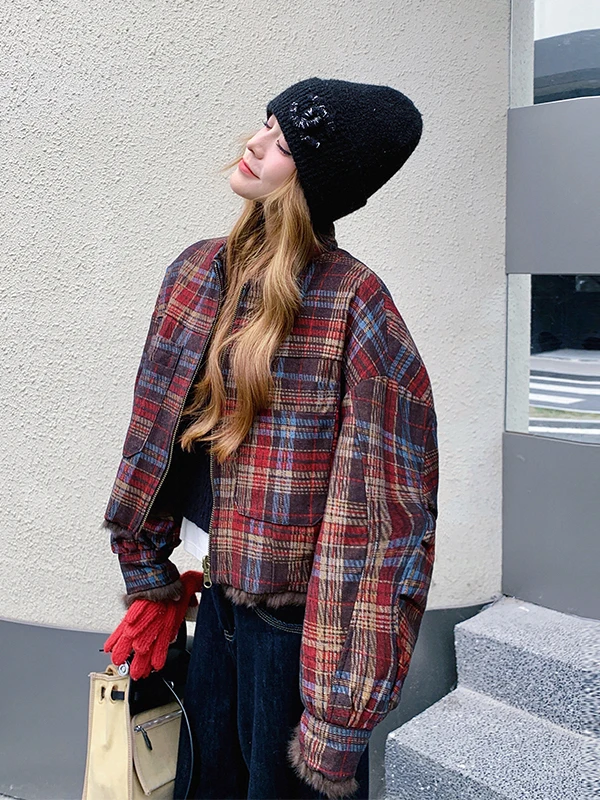   격자무늬 면 재킷 여성용 겨울 두꺼운 양면 착용 디자인 감각 한국 스타일 루즈핏