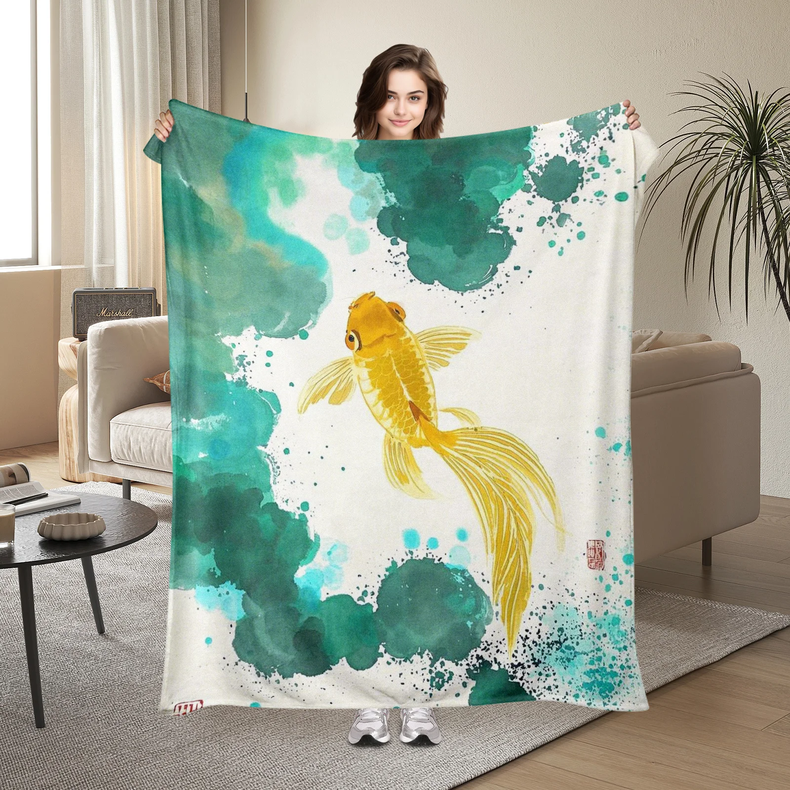 

Traditional Yet Modern Watercolor Goldfish Ink Theme Blanket Ideal For Loved Ones Gifts