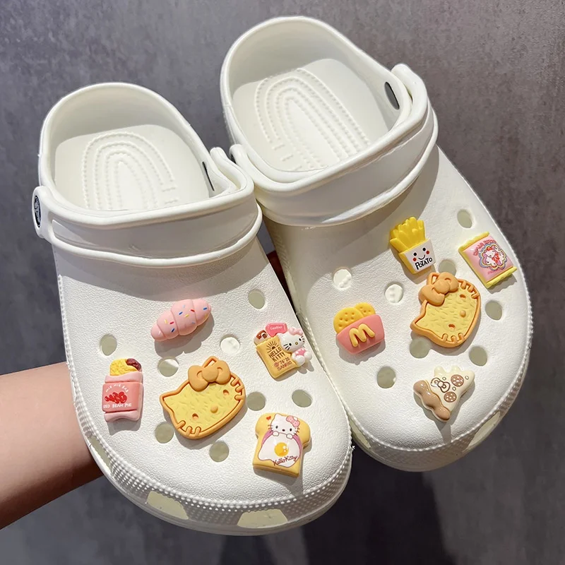 Miniso New Hello Kitty Bread Cat Biscuits Shoes Charms Set Cute Cartoon Kt Cat Food Style Clogs Sandals Pack Party Favors