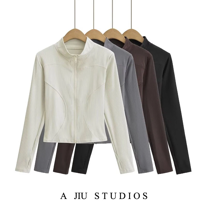 American Retro High Elastic Long Sve Stand Collar Yoga Sportswear Cardigan Women's Spring Autumn Slimming Zipper Running Top