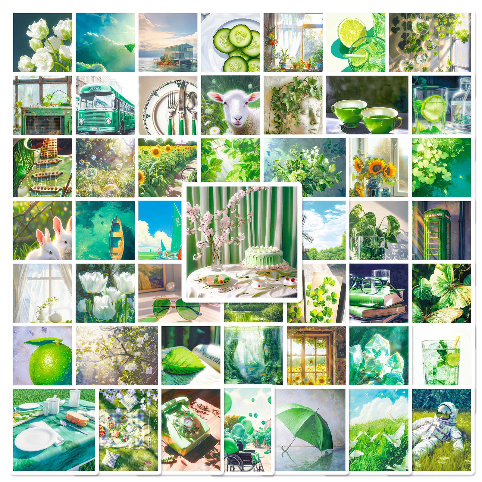 50 Stück grüne ästhetische Natur-Aufkleber, Vinyl-Aufkleber mit frischer grüner Landschaft, wasserfeste Aufkleber für Scrapbooking und DIY-Bastelarbeiten