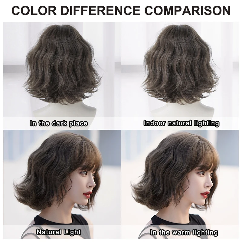 7JHH WIGS Short Wave Brown Bob Wig for Women Daily Use High Density Synthetic Fashion Wavy Cool Brown Hair Wigs with Neat Bangs